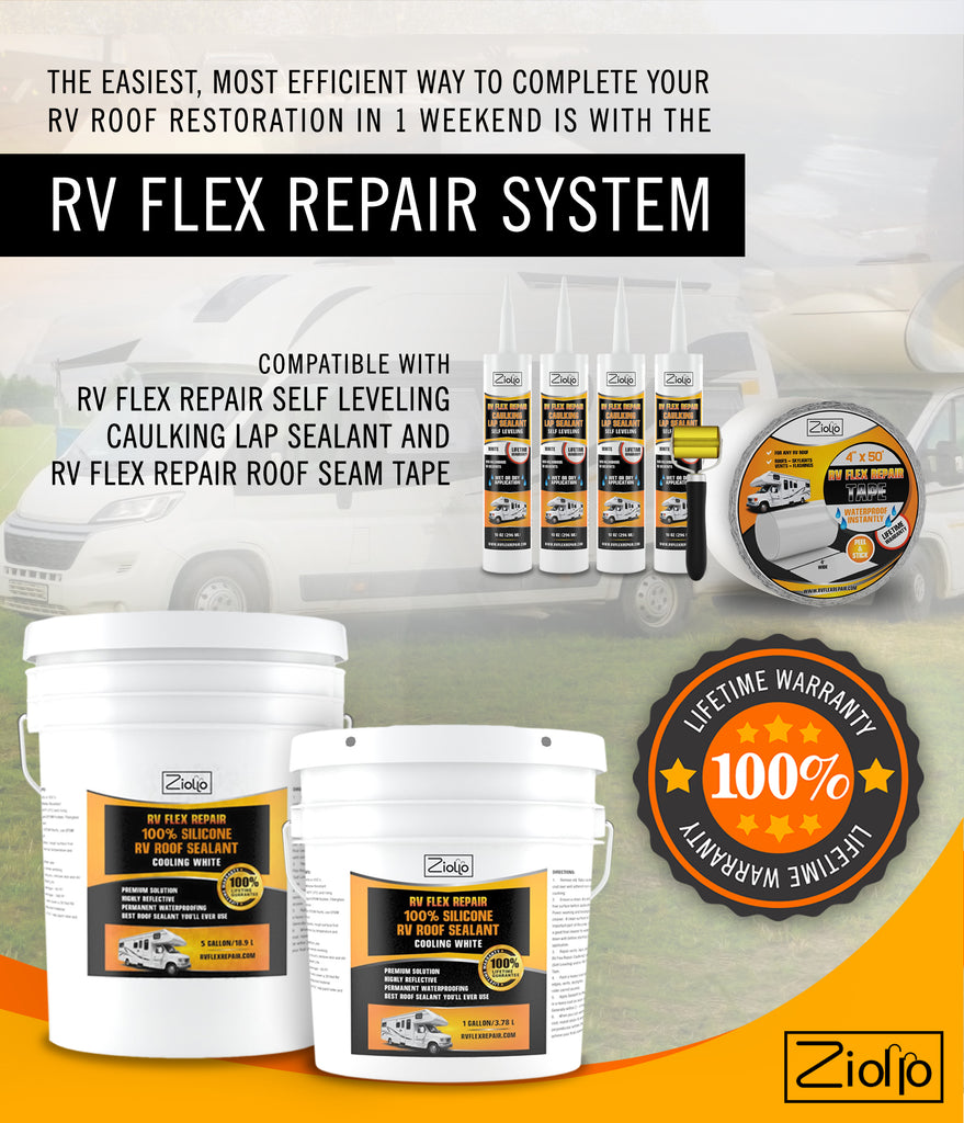 RV Flex Repair Camper Roof Sealant Coating Repair Restoration Kit Up to 40 Foot RV Roof Kit / White